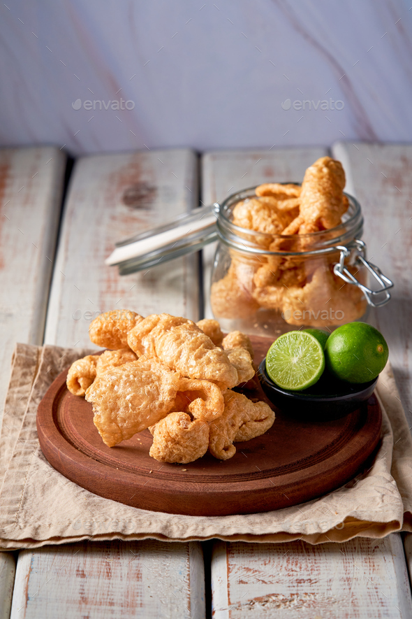 Chicharron, deep fried pork rinds, crispy pork skin pieces, traditional